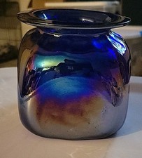 Hand Blown Cobalt Blue Glass Mirror Finish Iridescent Vase Studio Art