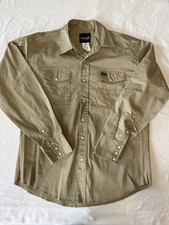 Wrangler Mens L Vintage Khaki Western Pearl Snap Button Down Shirt Work Wear