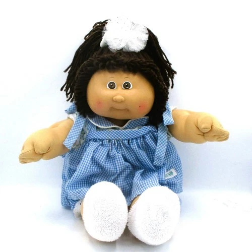 Cabbage Patch Kids1985 Vintage Doll  Brown Hair Blue Gingham Dress Panties HM9
