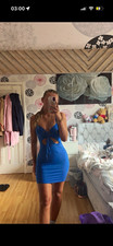 SheIn Blue Strappy V-Neck Tie Front Cut Out Bodycon Mini Dress UK 8