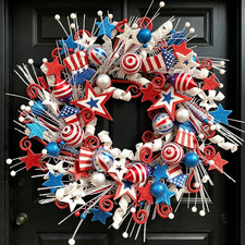 22 Inch Patriotic Wreath for Front Door, 4Th of July Red White Blue Wreath with
