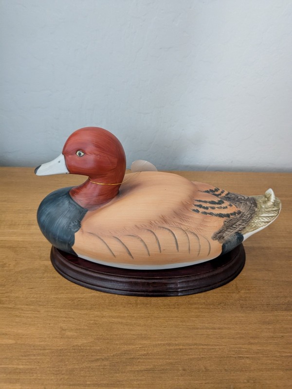 Hand-Painted Porcelain Duck With Wood Base