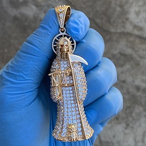 Authentic 2Ct Iced Round Lab Created 14K Gold Plated La Santa Muerte Pendant Grim Reaper