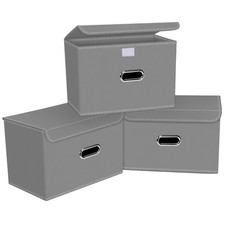 Linen Fabric Foldable Collapsible Storage Cube Bin Organizer Basket with Lid,...