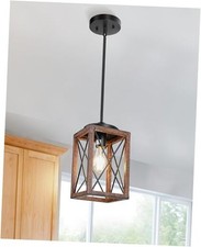 Farmhouse Pendant Light, Metal Hanging Light Fixture with Wooden Grain Brown