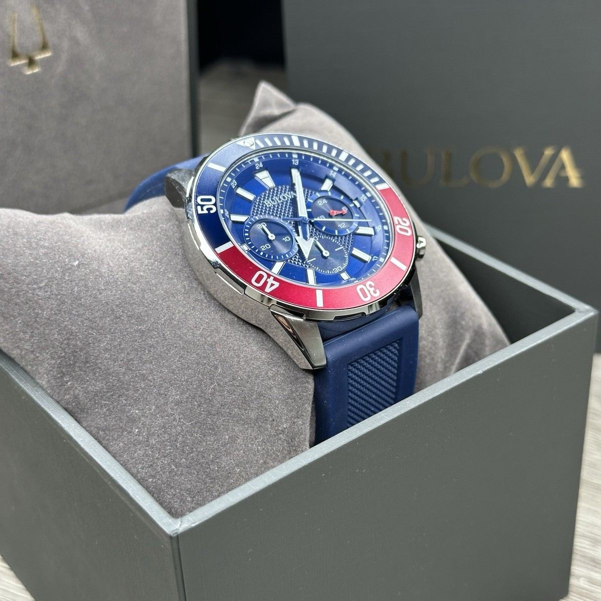 NEW✓ Bulova Sport Steel Case Blue Dial Silicone Chrono