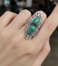 925 Solid Sterling Silver Green Malachite Two Stone Big Ring