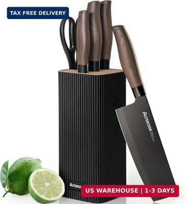6PCS Kitchen Knife Set with Block High Carbon Steel Dishwasher Safe Knife Black