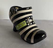 Halloween Witch Ceramic Boot Votive, Black White Stripe w/Purple Rhinestones