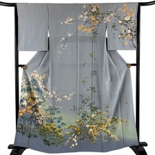 Japanese Silk Houmongi Kimono M 162cm Light blue Grass and flowers Flowing water