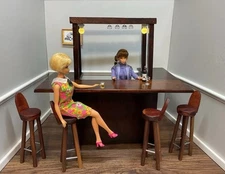 Handmade Doll Furniture Deluxe Walnut Wooden Bar With Stools Lights  1:6 Scale