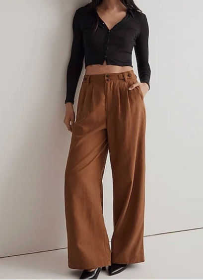 Madewell The Harlow Wide Leg Pants Women Size 6 Brown Pleated Linen Blend