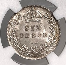 1900 Six Pence 6P England Great Britain NGC MS63 Silver Coin .925 Slight Toner