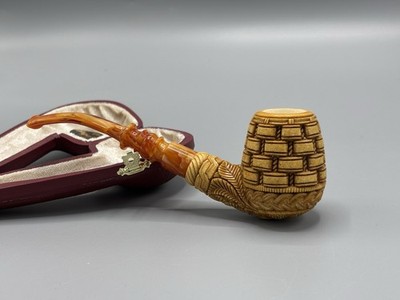 Bent Pipe Basket Wave Design new-block Meerschaum Handmade Case#1245