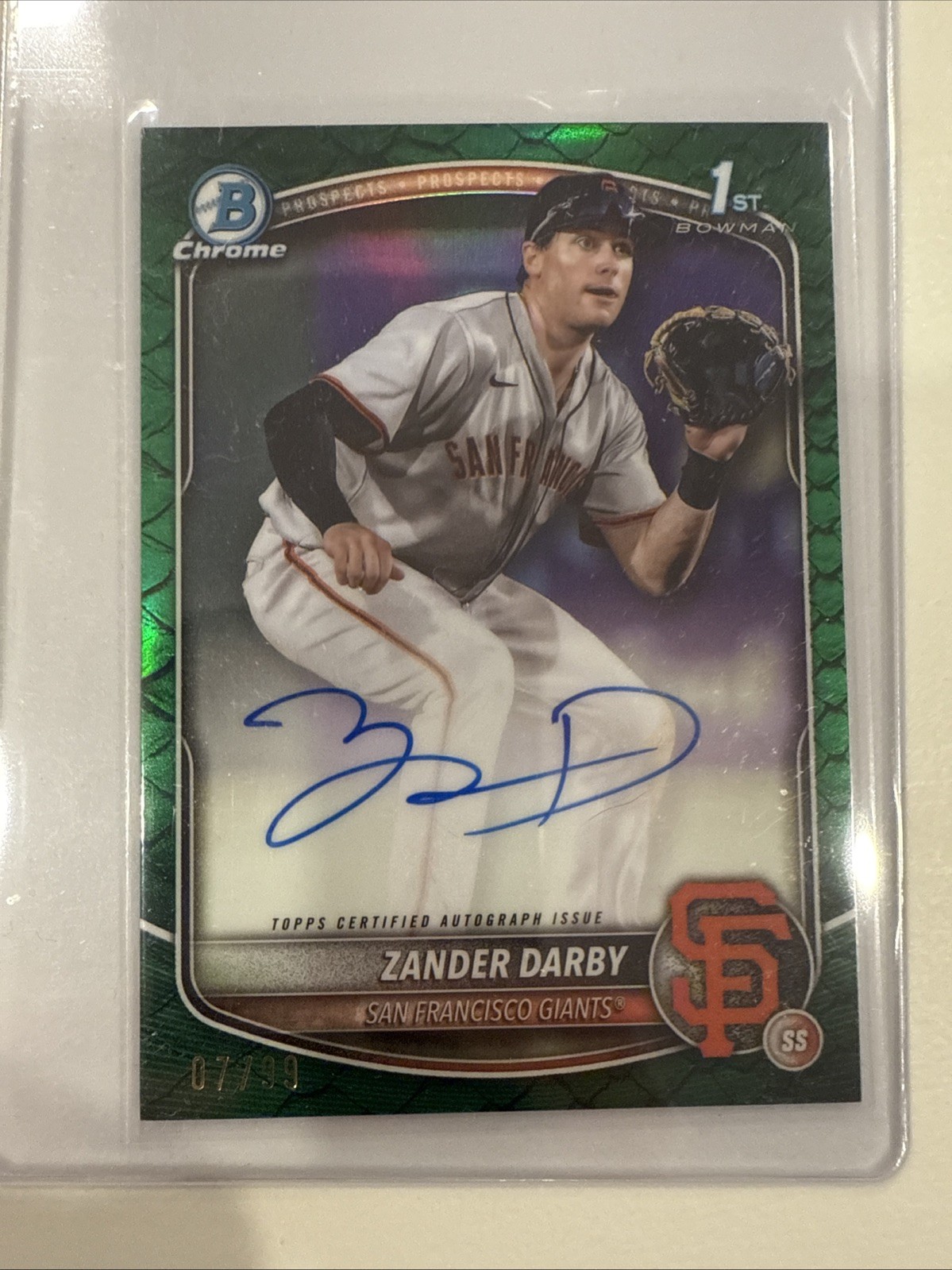 ZANDER DARBY 2025 BOWMAN CHROME 1ST BOW SP GREEN REPTILLIAN REF RC AUTO #07/ 99