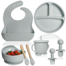 8 PCS Gray Silicone Baby Feeding Set Led Weaning Supplies Spoons Bowls Cup
