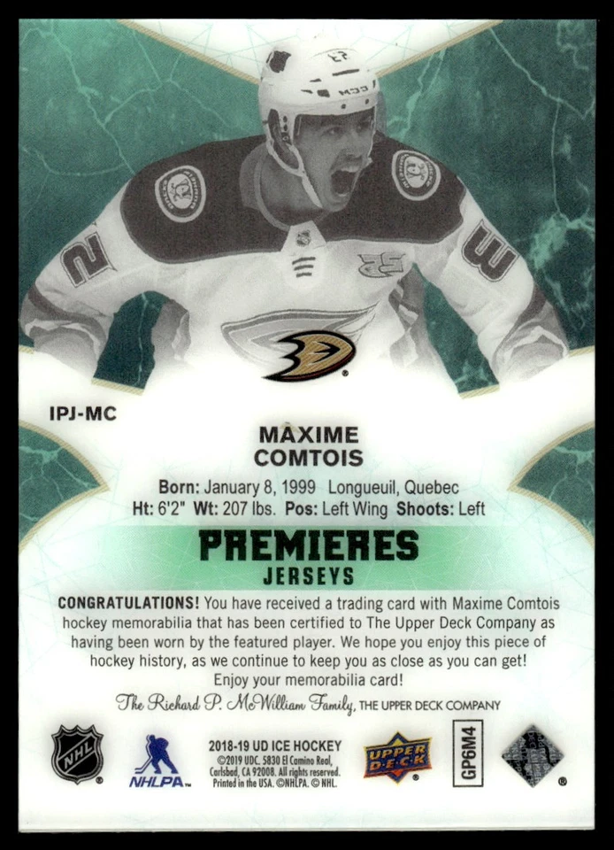 2018-19 Upper Deck Ice Premieres Jerseys Maxime Comtois Anaheim Ducks #IPJ-MC - Image 2 of 2