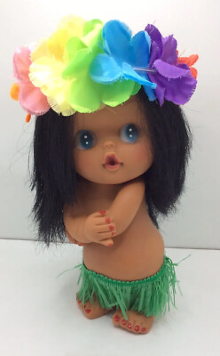 Vintage Vinyl Plastic Hawaiian Hula Girl Doll Grass Skirt  Hawaii 9.5  Tall