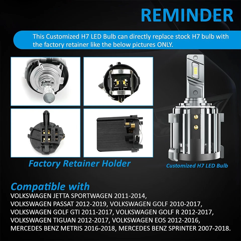 2PCS H7 LED Headlight Bulbs Low Beam for VW Passat 2012-2019 Cool White - Image 3 of 4