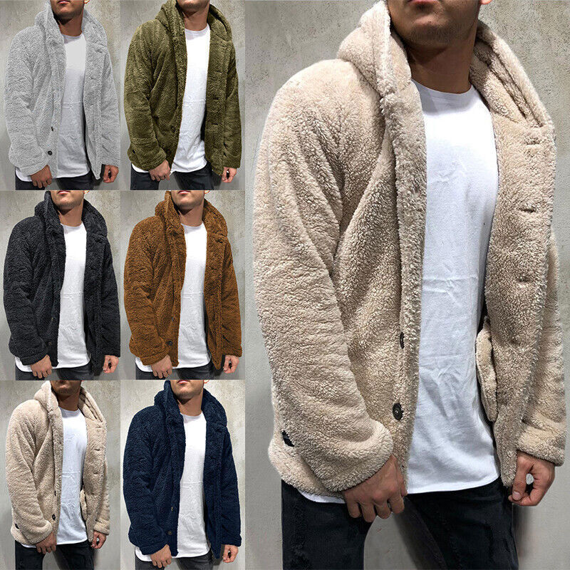 Mens Teddy Bear Fleece Jacket Coat Winter Warm Fur Fluffy Hooded Outwear Jumper