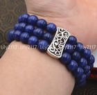 Natural 3 rows 8mm blue lapis lazuli Beads Stretch Tibetan silver Bracelet 7.5in
