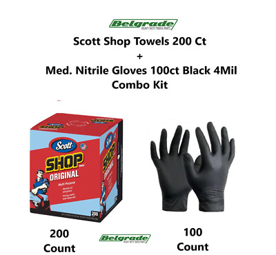 Scott Shop Towels 200 Ct + Med. Nitrile Gloves 100ct Black 4Mil Combo Kit