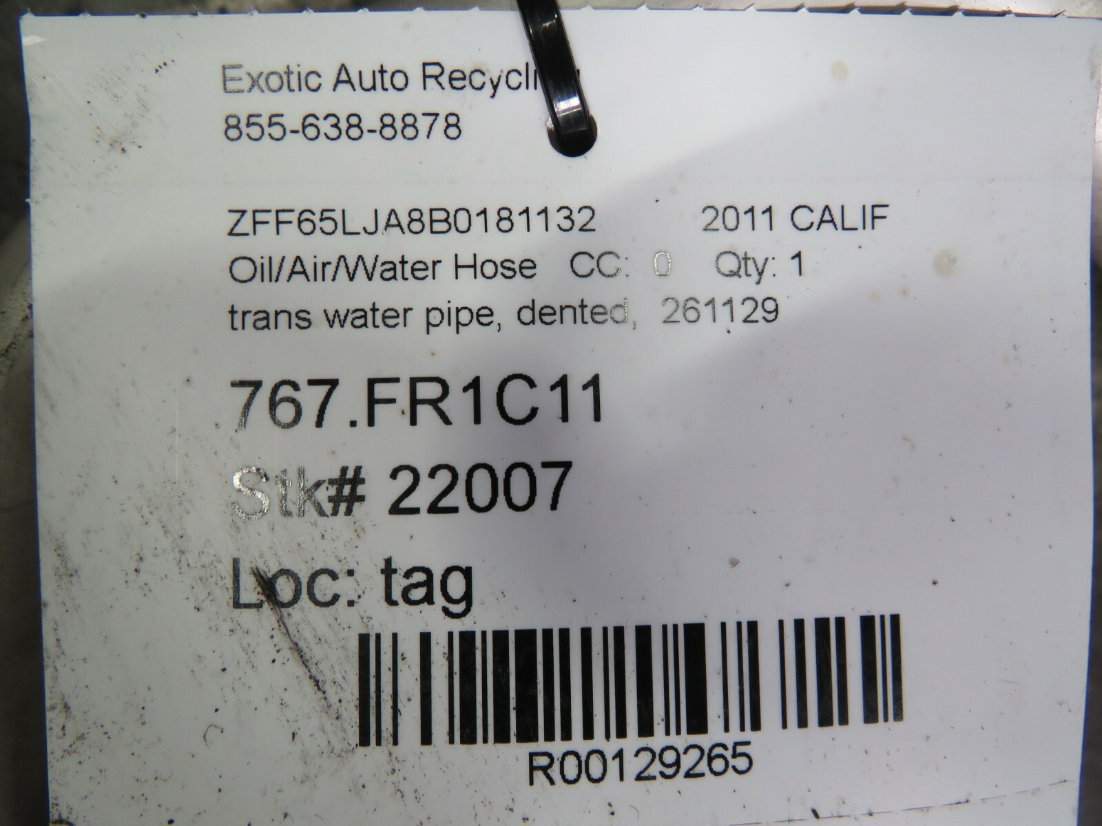 Ferrari California, Transmission Water Pipe, Dented, Used, P/N 261129