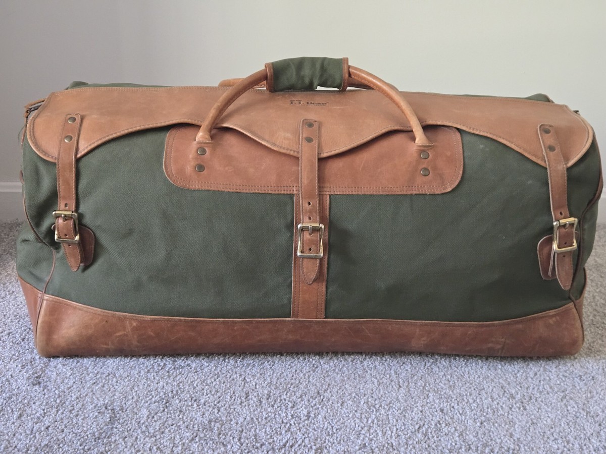 Vintage LL Bean Duffle Bag Canvas and Leather Extra Large USA Green  Brown