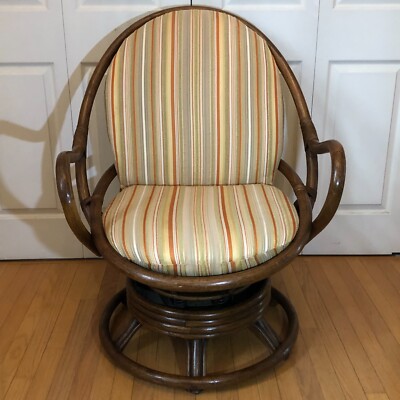 Mid Century Modern Boho Bamboo Rattan Egg Swivel Armchair