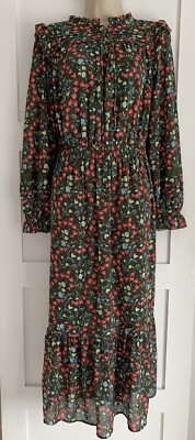 M&S Ditsy Floral Tiered ditsy floral Midaxi Waisted Dress Per Una KHAKI SIZE 14