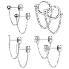 4 Pairs Women Stainless Steel CZ Dangle Chain Huggie Hoop Earrings Ball Stud Set