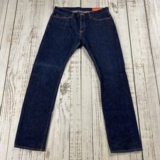 JEAN SHOP NYC RAW DENIM CONTRAST ORANGE SELEVDGE SLIM STRAIGHT BLUE JEANS SZ 33M