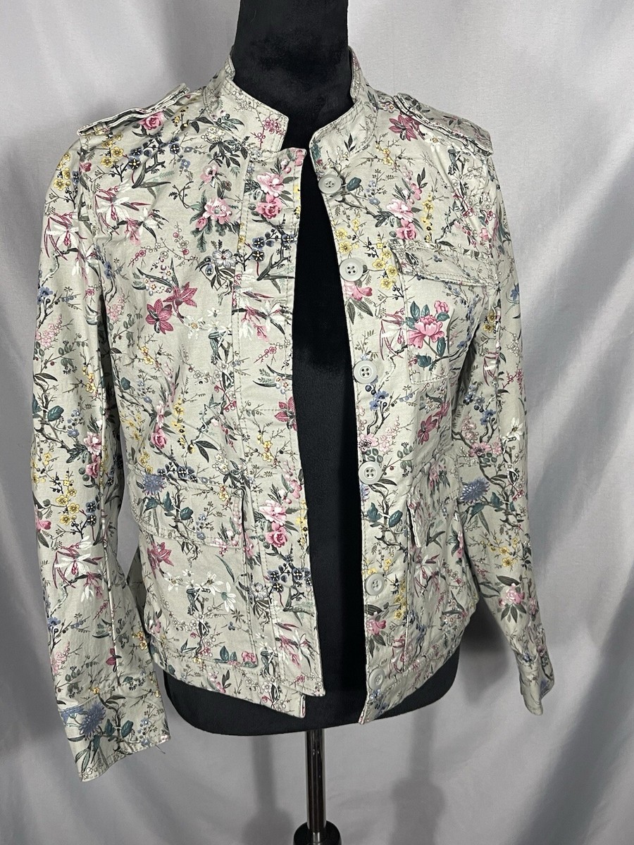 H&M HM Floral Cropped Cargo Denim Jean Short Jacket Women's Flare