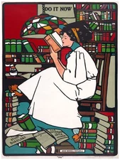 7893.Woman reading in libary.sits atop of plenty of books.POSTER.art wall decor