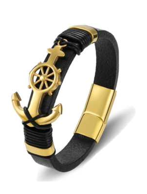 maritimes Armband , Lederarmband , Anker / Steuer , gold , Boote & Yachten ,edel