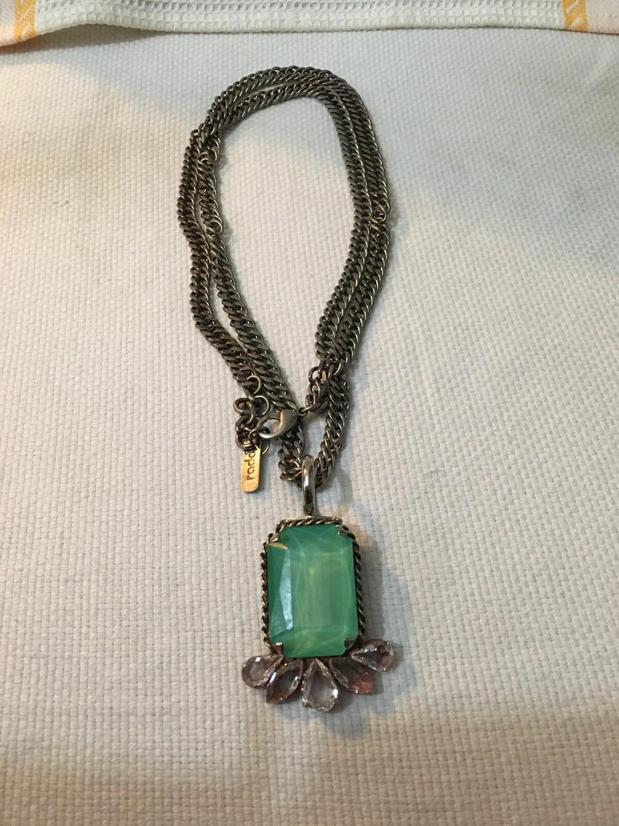 RADA Necklace 18 In. Long Silver Plated Big Green Stone Pendant