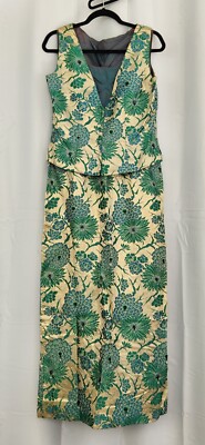 Park Shop Green & Gold Jacquard Brocade Dress & Jacket Size 6-8 Vintage 60s mCL