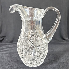 Vtg American Brilliant Crystal Pitcher Cut Glass Starburst Base Etched Heavy 9"
