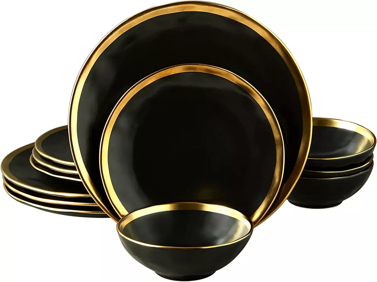 Matte Black Porcelain Dinnerware Set 12 Piece Service for 4, Dishes, round  Plate