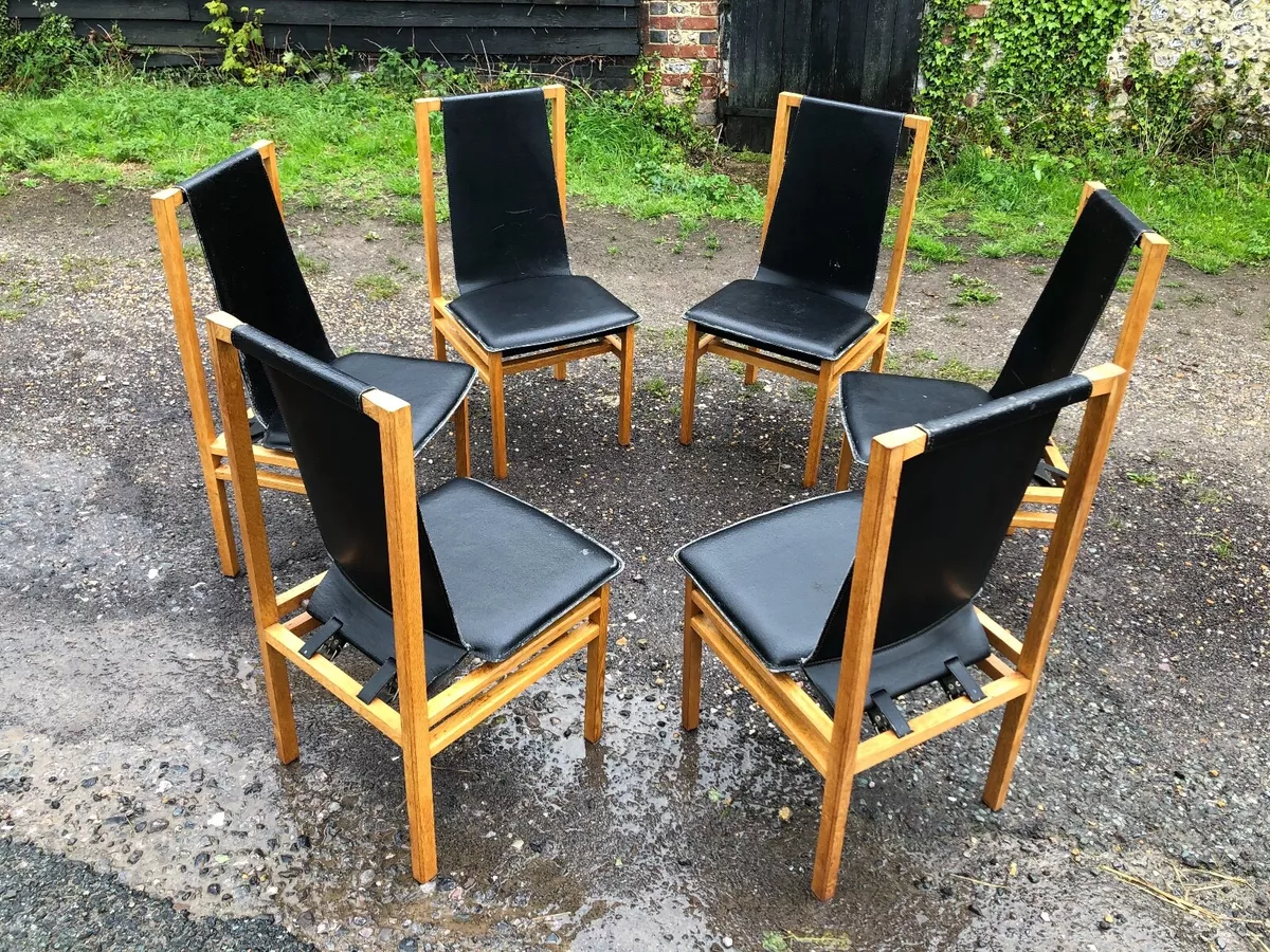 6 Oak Frame Saddle Dining Chairs by White Newton 1970s
