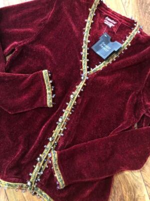 $229 J TWO NY SWEATER HOLIDAY CARTIGAN CHENILLE WINE BEADED BRAID XL (LG) NEW