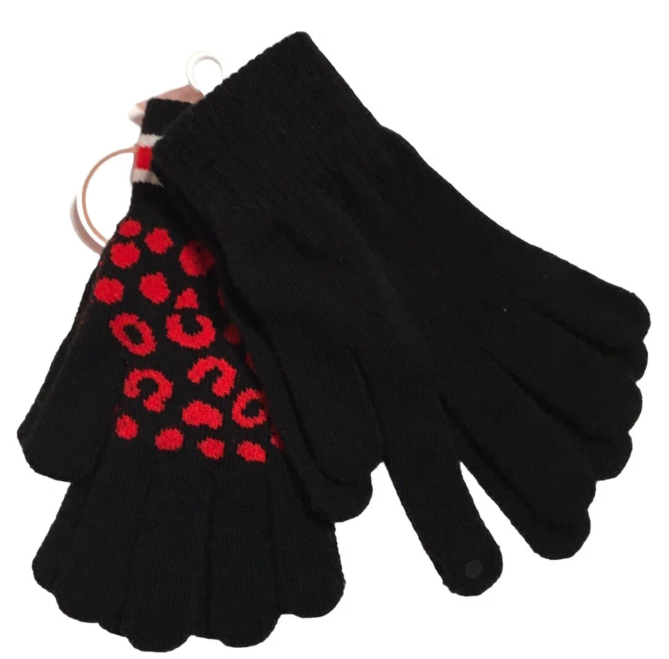 JUICY COUTURE 2 PARES GUANTES DE PUNTO PARA MUJER NEGRO ROJO LEOPARDO ~ NEGRO LISO OS NUEVOS CON ETIQUETAS Foto 3 de 4