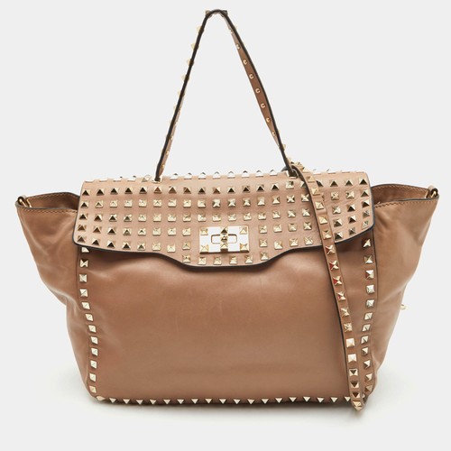 Valentino Rockstud Allover Beige Leather Flap Top Handle Bag