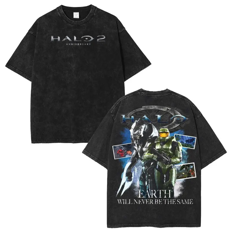 Halo 2 Washed T-Shirt, Double Printed Oversize Unisex Acid Washed Lightweight Co