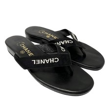 CHANEL Vintage CC Mark Logo Flip-Flops Sandals 37 Flat Black Leather Satin