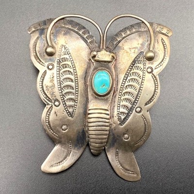 Vintage Navajo Native Butterfly Turquoise Silver Hand Stampwork Brooch Pin