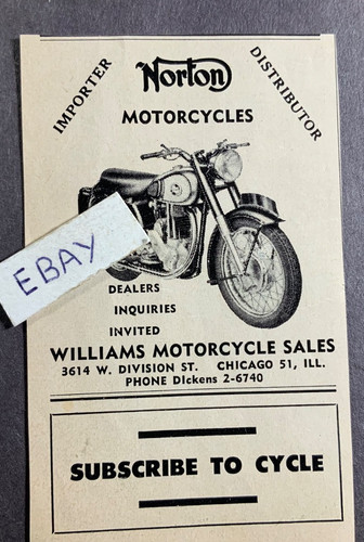 1956 Vintage Print Ad. Willuams Motorcycle Sales. Chicago, IL. Norton Motorcycle