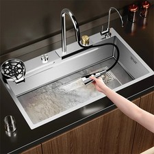 Multifunction Brushed Nano Kitchen Sink Waterfall Faucet Single Bowl Cup Washer