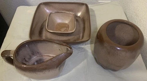 Frankoma Pottery Prairie Brown Gravy Boat Chip N Dip Vase Lot of 3 Vintage USA