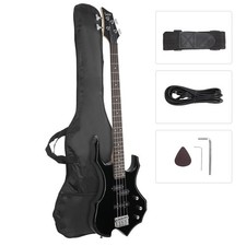 GLARRY Electric Bass Guitar 4 Strings Buring Fire Style Full Size, Black